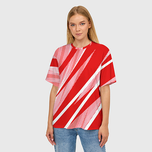 Женская футболка оверсайз Красно-белый абстракция с полосами / 3D-принт – фото 3