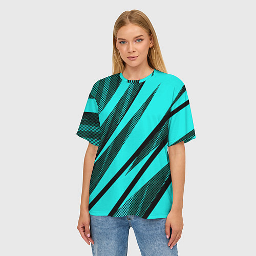 Женская футболка оверсайз Неоновый голубой с чёрным абстракция с полосами / 3D-принт – фото 3