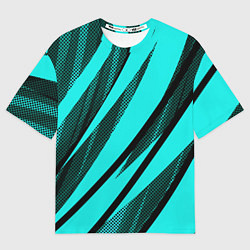 Футболка оверсайз женская Неоновый голубой с чёрным абстракция с полосами, цвет: 3D-принт
