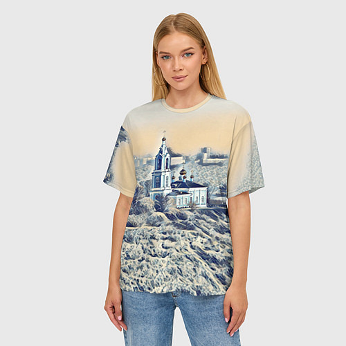 Женская футболка оверсайз Храм на фоне современного города / 3D-принт – фото 3
