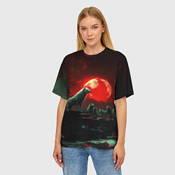 Футболка оверсайз женская Белый волк на фоне красной луны, цвет: 3D-принт — фото 2