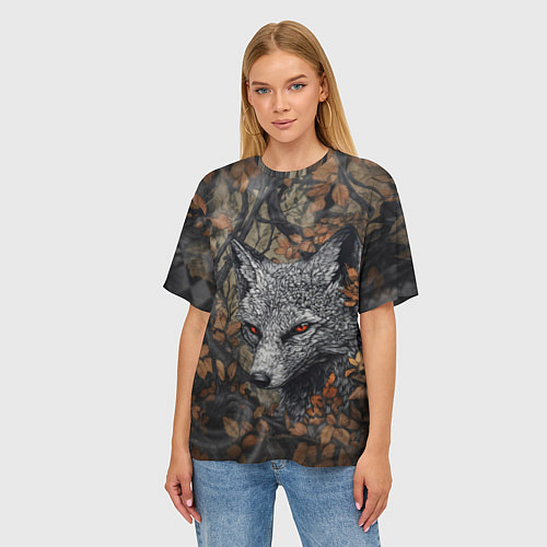 Женская футболка оверсайз Хищный серый лис / 3D-принт – фото 3