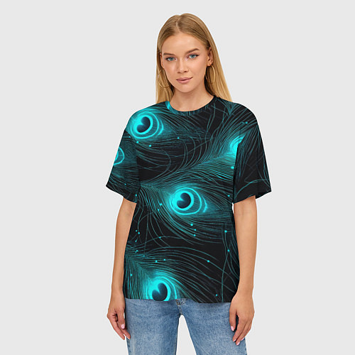 Женская футболка оверсайз Светящиеся перья павлина паттерн / 3D-принт – фото 3