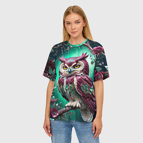 Женская футболка оверсайз Волшебная сова в самоцветном лесу / 3D-принт – фото 3