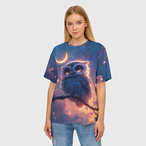 Женская футболка оверсайз Совушка и полумесяц / 3D-принт – фото 3