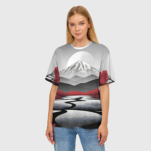 Женская футболка оверсайз Белые горы и красные деревья / 3D-принт – фото 3