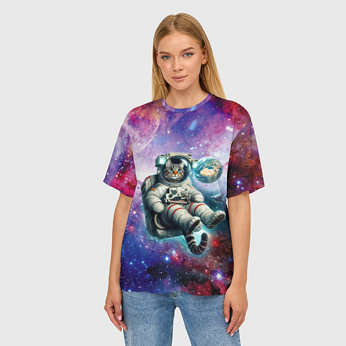 Женская футболка оверсайз Brave cat in space - ai art / 3D-принт – фото 3