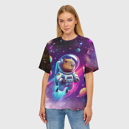 Женская футболка оверсайз Космонавт капибара в неоновом космосе / 3D-принт – фото 3
