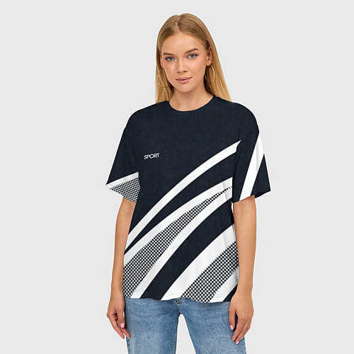Женская футболка оверсайз Sport тёмно-синий с полосами / 3D-принт – фото 3