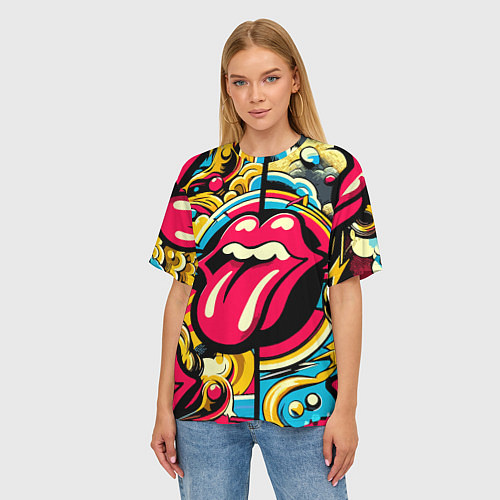 Женская футболка оверсайз Rolling Stones logo - pop art pattern / 3D-принт – фото 3
