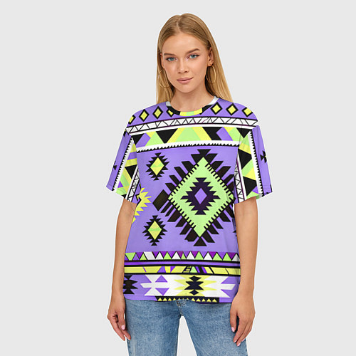 Женская футболка оверсайз Геометрический сиренево желтый орнамент ацтеков / 3D-принт – фото 3