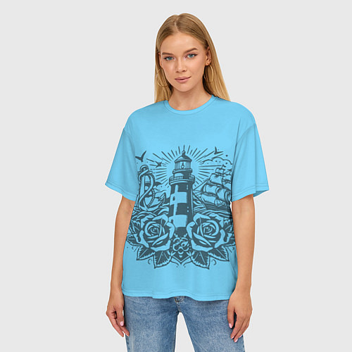 Женская футболка оверсайз Маяк с розами и кораблем / 3D-принт – фото 3
