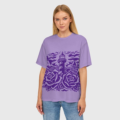 Женская футболка оверсайз Маяк с розами и корабли / 3D-принт – фото 3