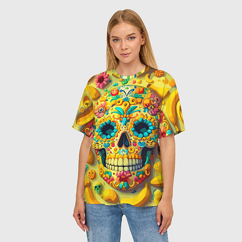 Женская футболка оверсайз Красочный летний паттерн с черепом - нейроарт / 3D-принт – фото 3