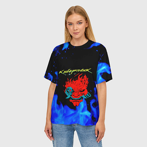 Женская футболка оверсайз Киберпанк голубой огонь / 3D-принт – фото 3