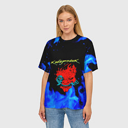 Футболка оверсайз женская Киберпанк голубой огонь, цвет: 3D-принт — фото 2