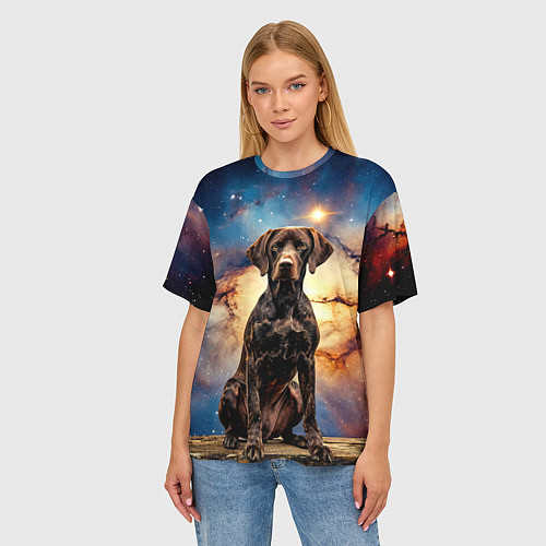 Женская футболка оверсайз Курцхаар и космос / 3D-принт – фото 3
