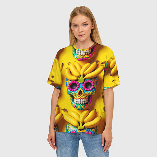 Женская футболка оверсайз Мексиканские черепа и бананы - паттерн / 3D-принт – фото 3