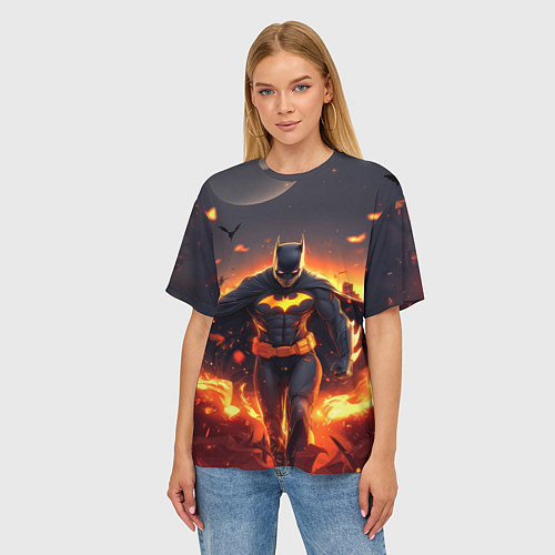 Женская футболка оверсайз Бэтмен - летучие мыши и огонь / 3D-принт – фото 3