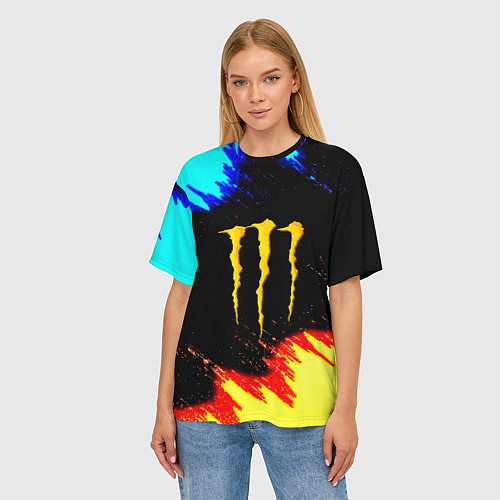 Женская футболка оверсайз Monster energy огненные краски / 3D-принт – фото 3