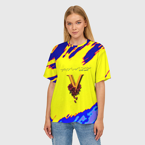 Женская футболка оверсайз Cyberpunk краски неоновые / 3D-принт – фото 3
