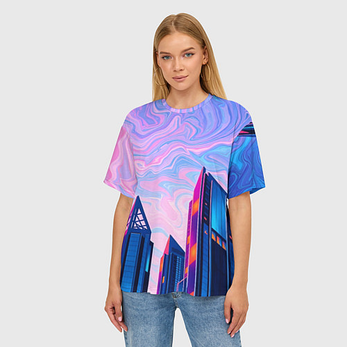 Женская футболка оверсайз Абстракция с небоскребами / 3D-принт – фото 3
