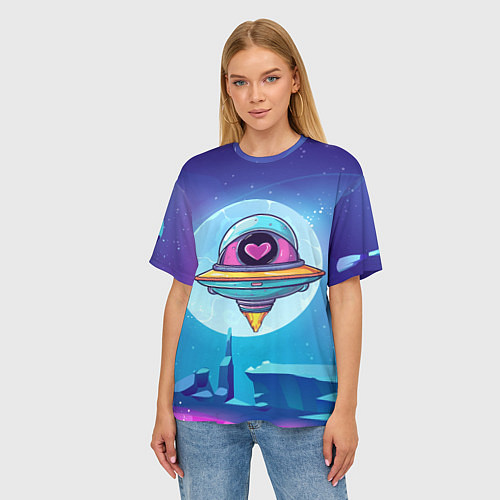 Женская футболка оверсайз Нло с сердечком внутри / 3D-принт – фото 3