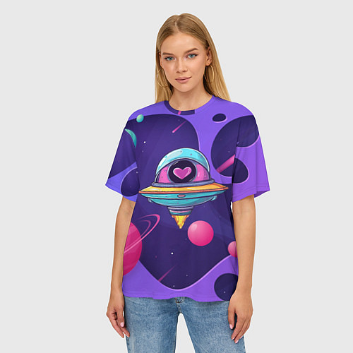 Женская футболка оверсайз Летающая тарелка с сердцем / 3D-принт – фото 3