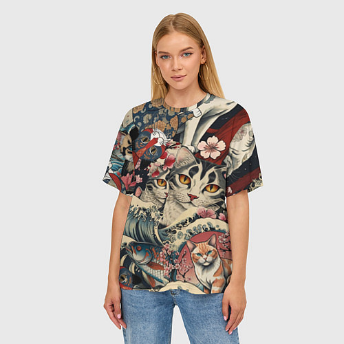 Женская футболка оверсайз Котики и рыбки в сакуре / 3D-принт – фото 3