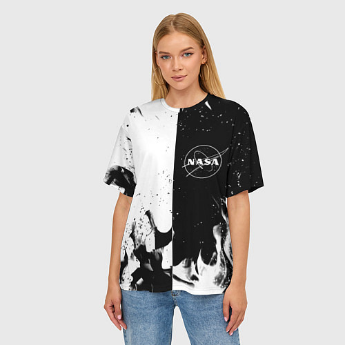 Женская футболка оверсайз Nasa черно белый огонь / 3D-принт – фото 3