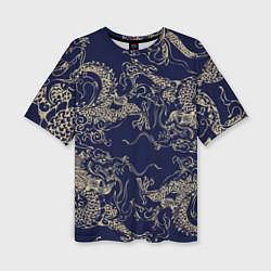 Футболка оверсайз женская Золотые драконы на синем, цвет: 3D-принт