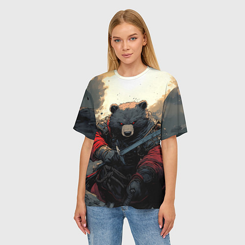 Женская футболка оверсайз Медведь самурай / 3D-принт – фото 3