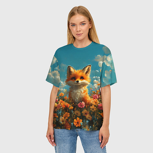 Женская футболка оверсайз Лисица в цветочном поле / 3D-принт – фото 3