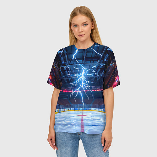 Женская футболка оверсайз Удар молнии в хоккейную площадку / 3D-принт – фото 3