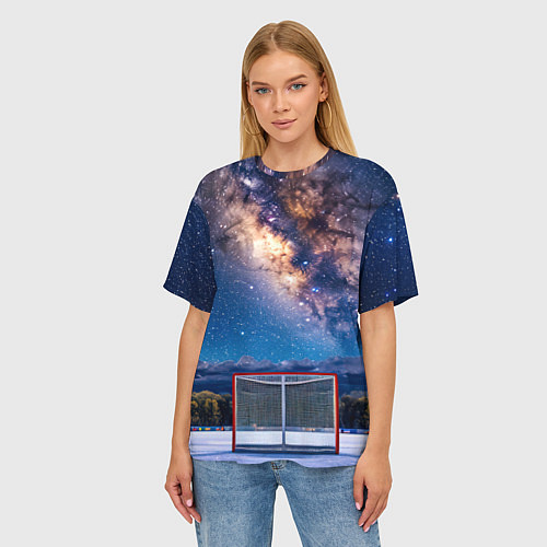Женская футболка оверсайз Хоккейные ворота в ночи / 3D-принт – фото 3