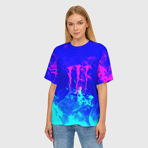 Женская футболка оверсайз Monster energy дым неоновый / 3D-принт – фото 3