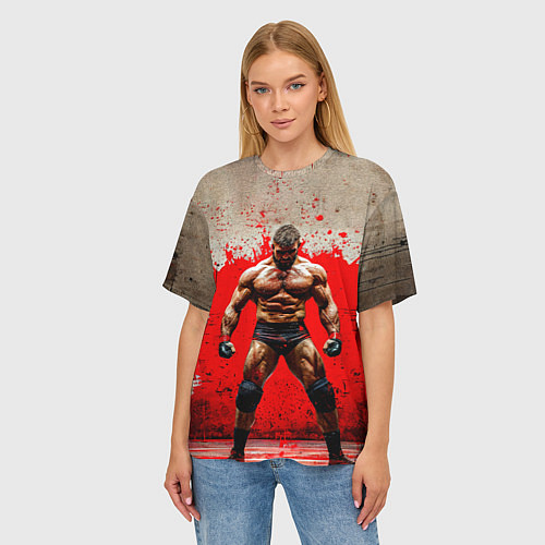 Женская футболка оверсайз Реслер на красном / 3D-принт – фото 3