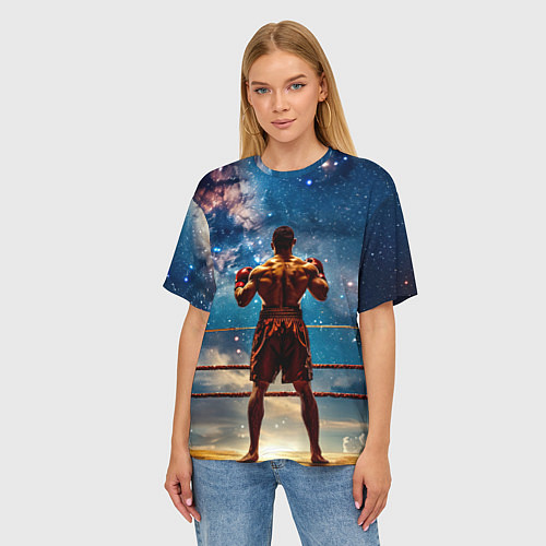Женская футболка оверсайз Тайский боксер в космосе / 3D-принт – фото 3