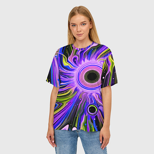 Женская футболка оверсайз Абстрактный неоновый космос - чёрная дыра / 3D-принт – фото 3