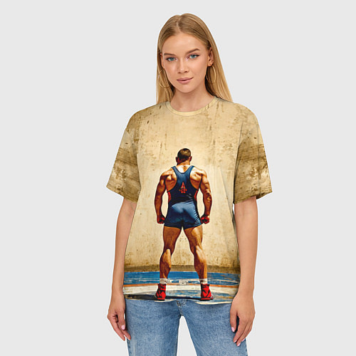Женская футболка оверсайз Греко-римский борец на бежевом / 3D-принт – фото 3