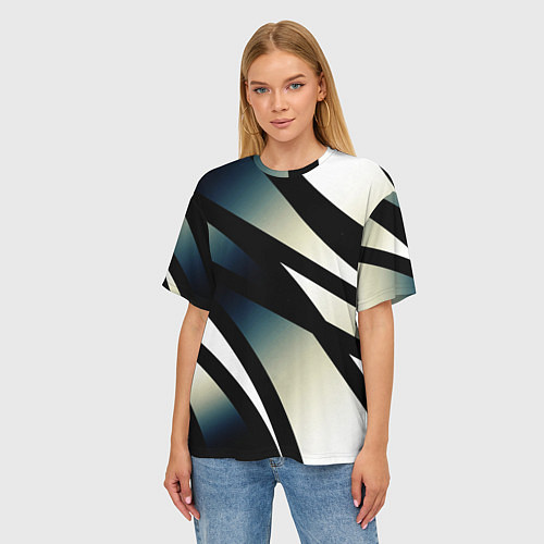 Женская футболка оверсайз Чёрно-белый с синим затемнением полосы / 3D-принт – фото 3