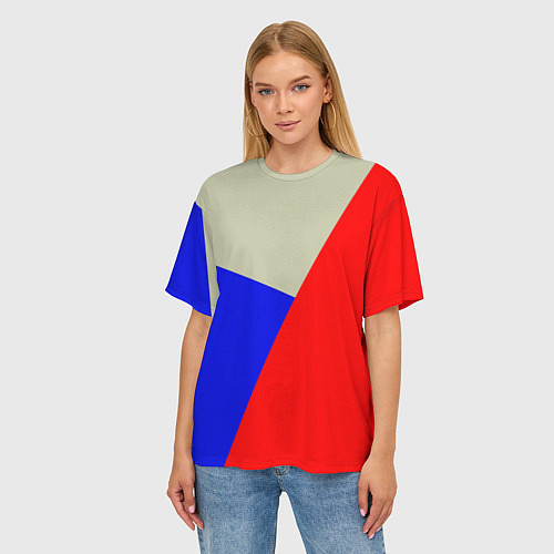 Женская футболка оверсайз Серо-сине-красный трёхцветный / 3D-принт – фото 3