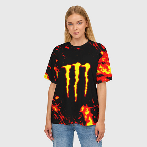 Женская футболка оверсайз Monster energy краски огненные / 3D-принт – фото 3