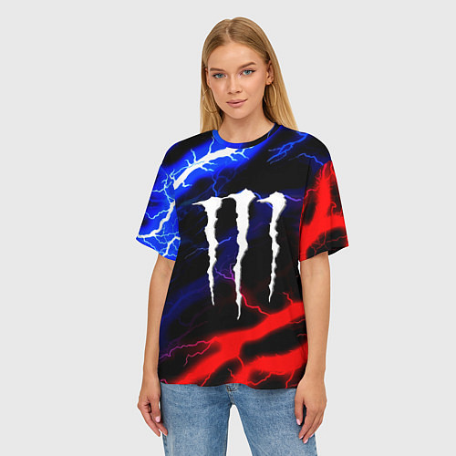 Женская футболка оверсайз Monster energy молнии неон / 3D-принт – фото 3