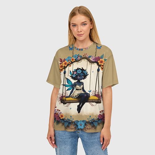 Женская футболка оверсайз Аниме фея с цветами на качелях / 3D-принт – фото 3