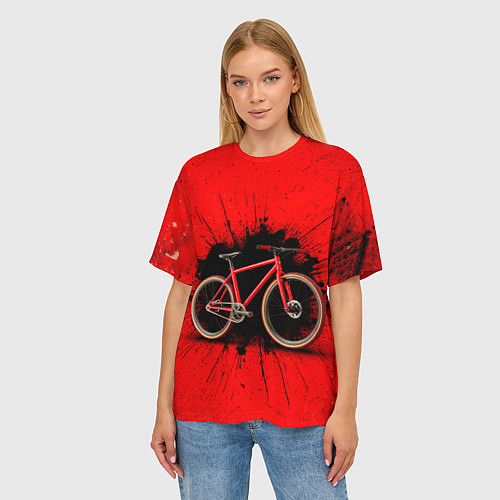 Женская футболка оверсайз Трековый велосипед на красном / 3D-принт – фото 3