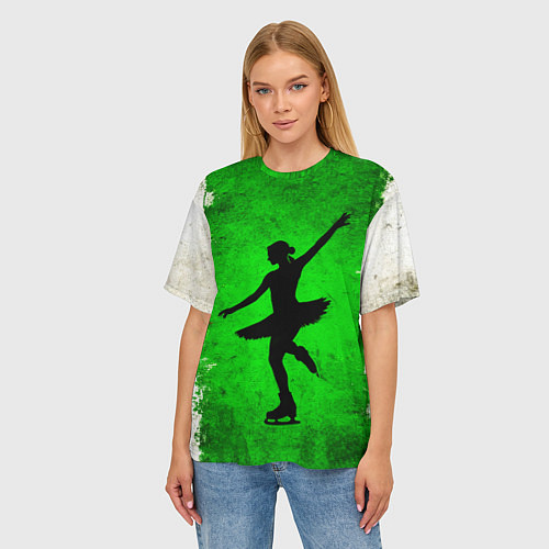 Женская футболка оверсайз Фигуристка на зеленом / 3D-принт – фото 3