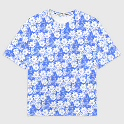 Футболка оверсайз женская Бело-голубой цветочный, цвет: 3D-принт