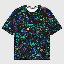 Женская футболка оверсайз Чёрный с брызгами сине-зелёными абстракция