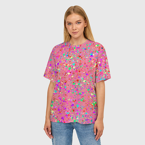Женская футболка оверсайз Розовый с разноцветными брызгами / 3D-принт – фото 3
